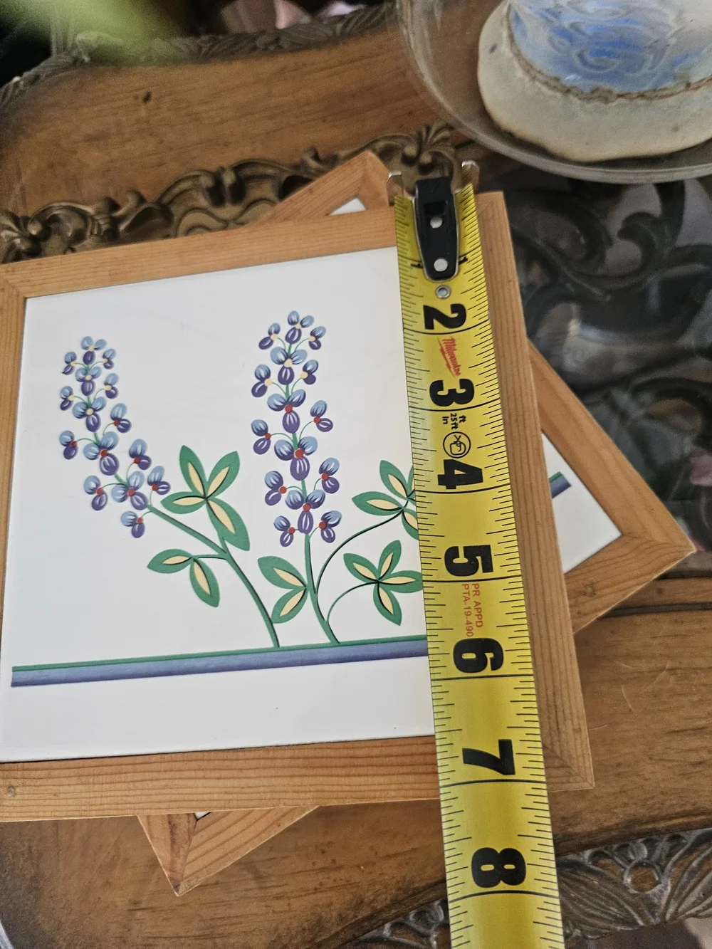 Wood-Framed Lavender Tile Plaques - Natural Wood Teivet Set Cottagecore